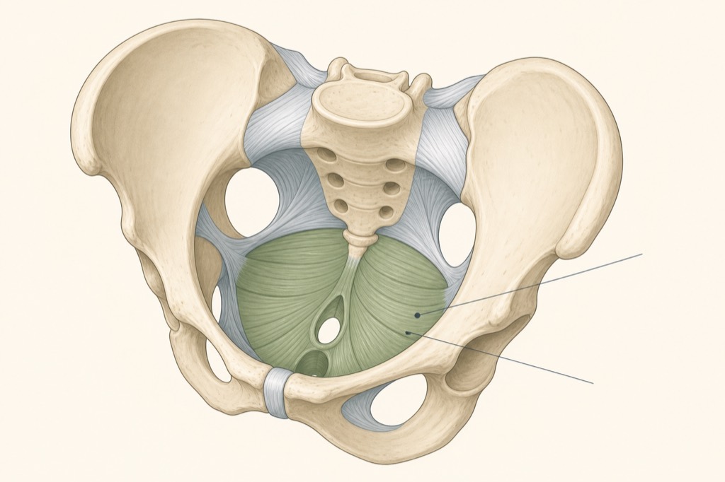 Illustrazione anatomica del bacino visto dall'alto, con la fascia muscolare del pavimento pelvico evidenziata in verde salvia tra le ossa pelviche